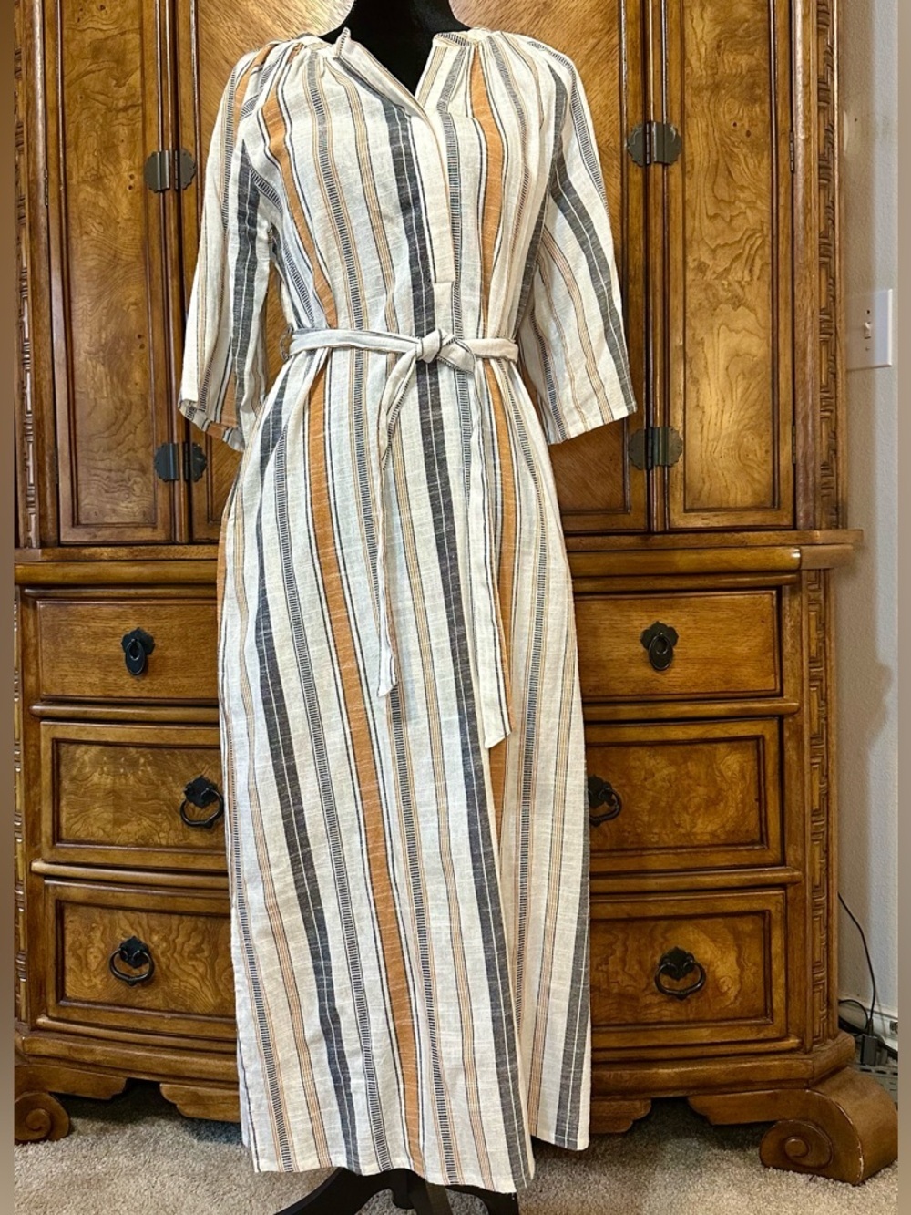 Maisie Resort Midi Dress Medium Stripe Cotton Pockets Belted Side Slit - Picture 2 of 11